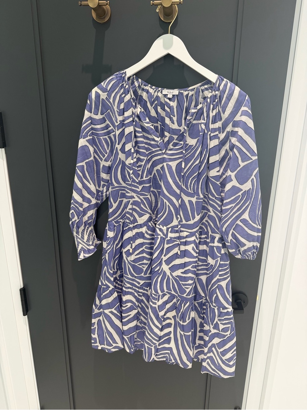 Rails Blue and White Abstract V-Neck Tiered Dress